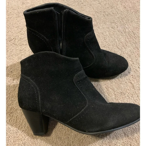 Black Suede Heeled Booties Side Zip - size small - Picture 1 of 5